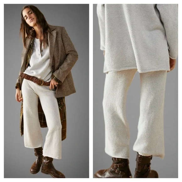 FREE PEOPLE Hailee Waffle Knit Wide Leg Relaxed Pull On Pants in Light Grey sz S - Picture 5 of 13